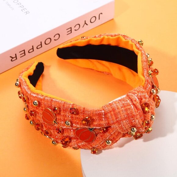 Thanksgiving Headband Women Fall Enamel Pumpkin Beaded Crystal Tweed main image 4